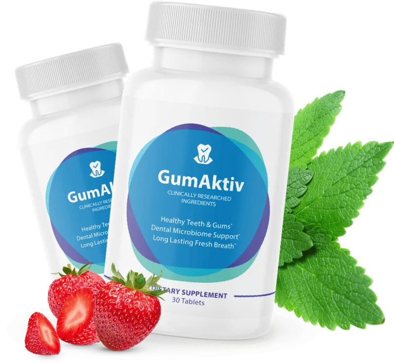 Two GumAktiv bottles photographed by the manufacturer, strawberries and a mint leaf beside them, the front label reading GumAktiv, Dietary Supplement, 30 Tablets