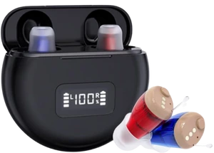 H2Go+ charging case with LED battery display and two in-ear units, from the seller's materials