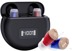 Hearing8s H2Go+ product photo: a black charging case with two in-ear units seated in it, a battery display reading 100 percent, and two flesh-coloured units with red and blue tips beside it