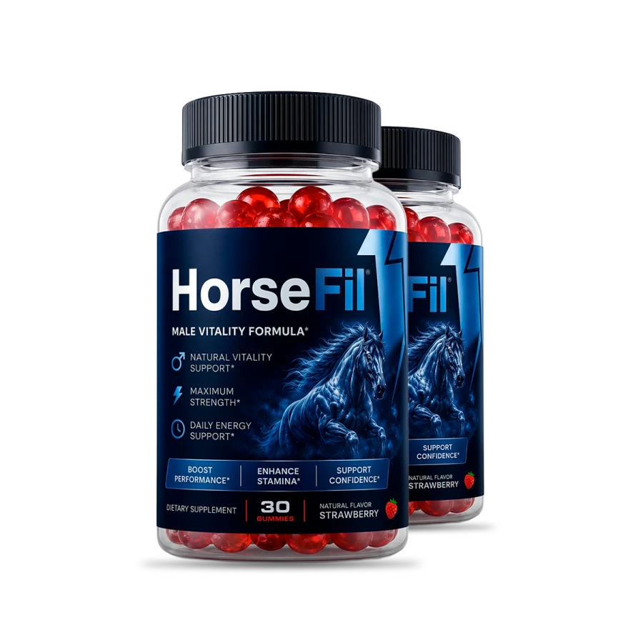 HorseFil Male Vitality Formula, two strawberry gummy bottles, 30 gummies each, from the seller's own product photo