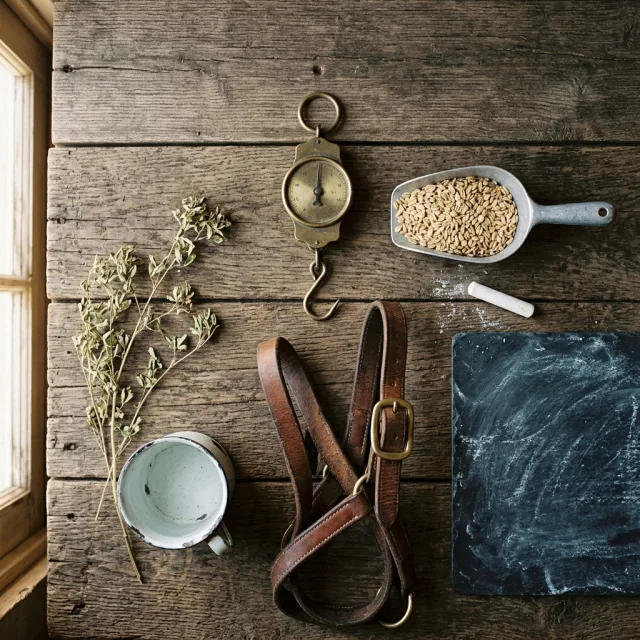 A measuring scale, a scoop, a chalk-dusted slate, a folded leather halter, dried herbs and an enamel cup on weathered barn wood, an illustration for this review, not a product photo