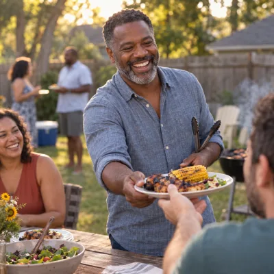 A man in his early fifties laughing at a backyard barbecue as he hands a plate of grilled corn and chicken to a friend across a picnic table