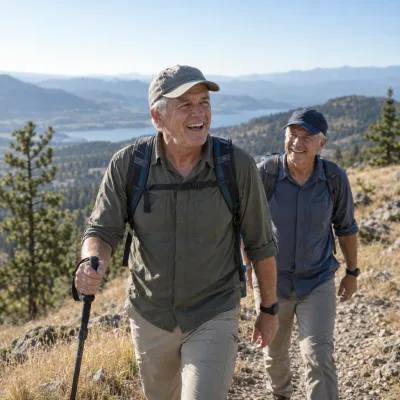 Two men in their late fifties laughing on a hill trail on a clear morning, daypacks on and a trekking pole in hand