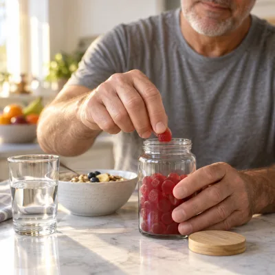 A man's hands taking one soft red gummy from a plain unlabeled glass jar on a kitchen counter, a glass of water and a bowl of oatmeal beside it