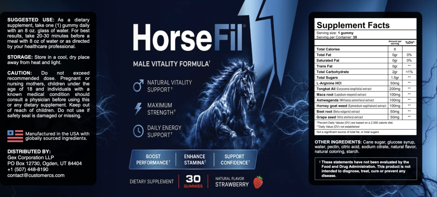 HorseFil's own flat label photo, showing the full Supplement Facts panel with all seven actives and their milligram amounts, from the seller's product materials