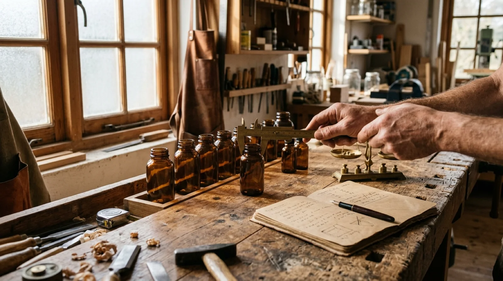 Hands measuring an amber supplement bottle with a brass caliper on the review bench