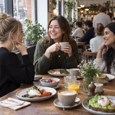 A woman in her late twenties laughs with two friends over brunch at a cafe table in Manchester