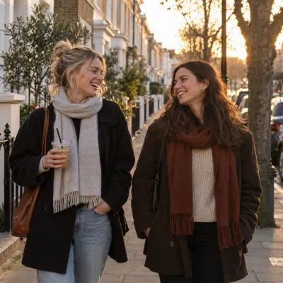 Two friends in their twenties laugh as they walk along a London street at golden hour