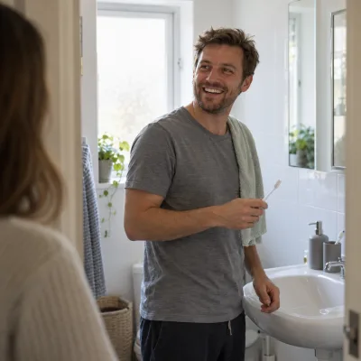 A man in his thirties laughs at a bathroom sink in the morning, a plain toothbrush in his hand