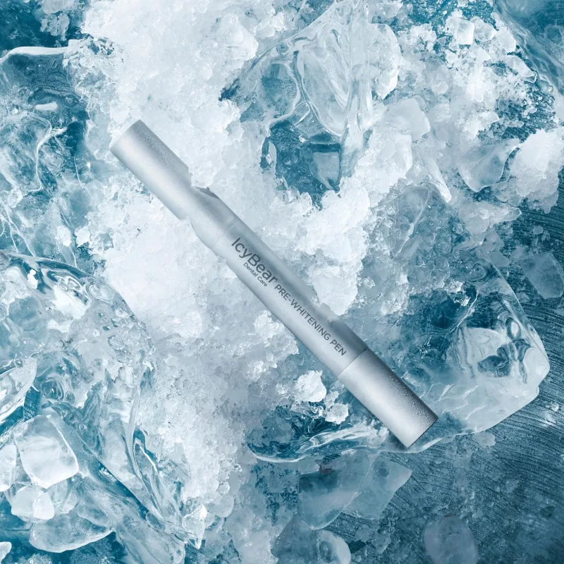 Icy Bear Pre-Whitening Pen resting on crushed ice, manufacturer's product photo