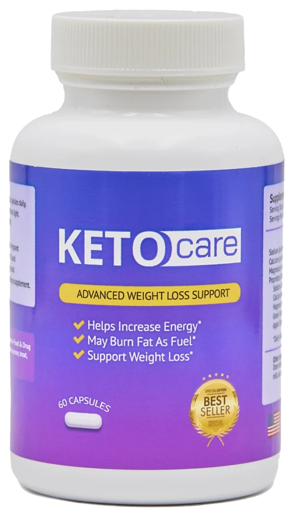 The KetoCare bottle as the manufacturer photographs it, the label reading KETO care, Advanced Weight Loss Support, 60 capsules
