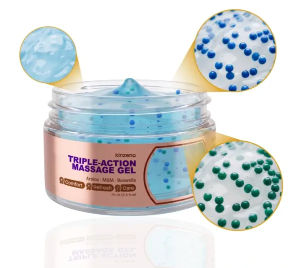 Kinzeno Triple-Action Massage Gel jar with three macro insets of the colored beads suspended in the gel, the seller's own product photo