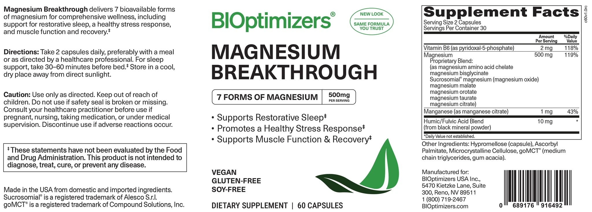BiOptimizers' own Magnesium Breakthrough label, read in full: front panel, directions and the Supplement Facts panel, from the seller's product materials