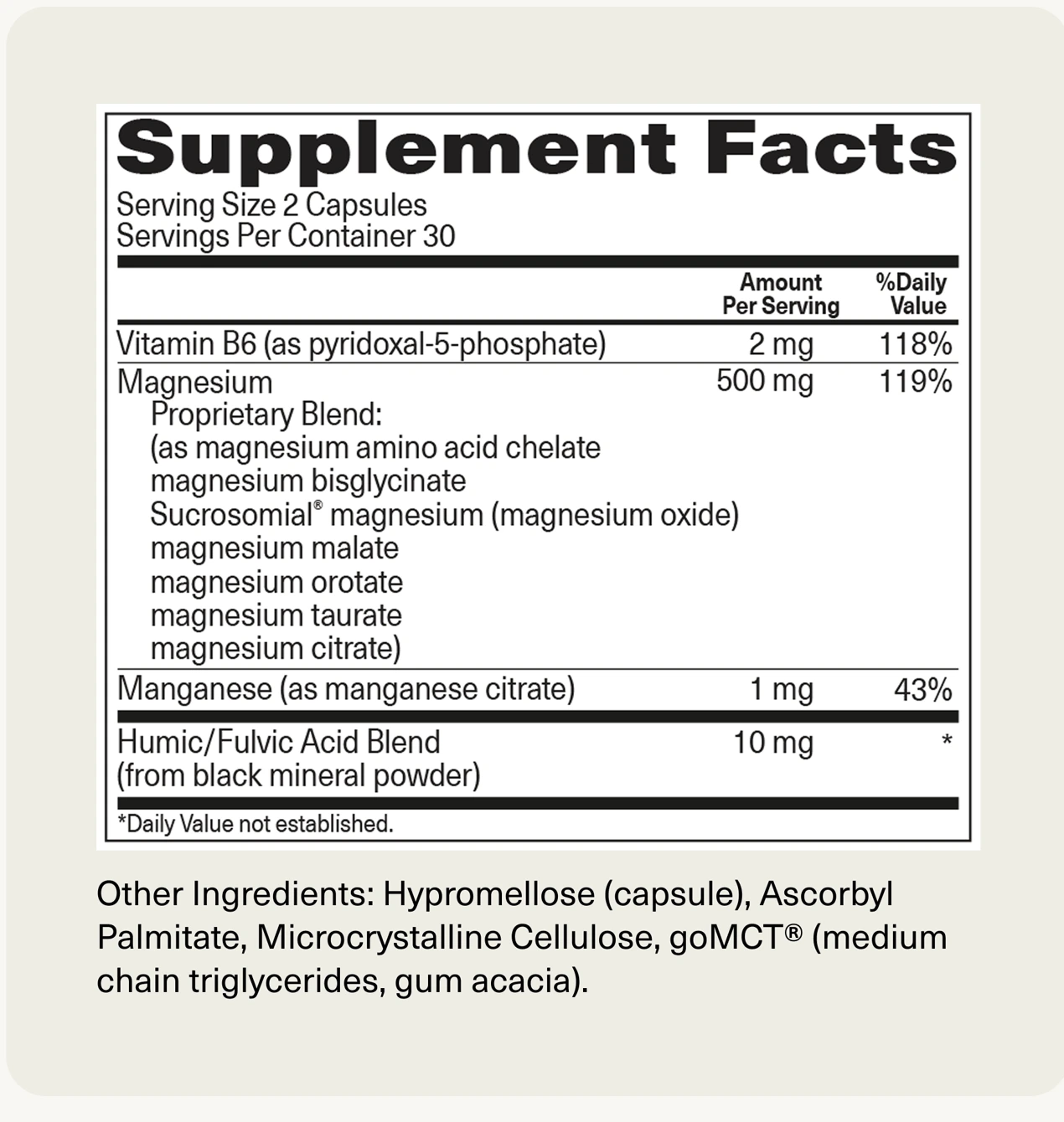 Magnesium Breakthrough's Supplement Facts panel, from the seller's own label view, showing a 500 mg elemental magnesium line at 119% Daily Value above a Proprietary Blend list of seven magnesium forms