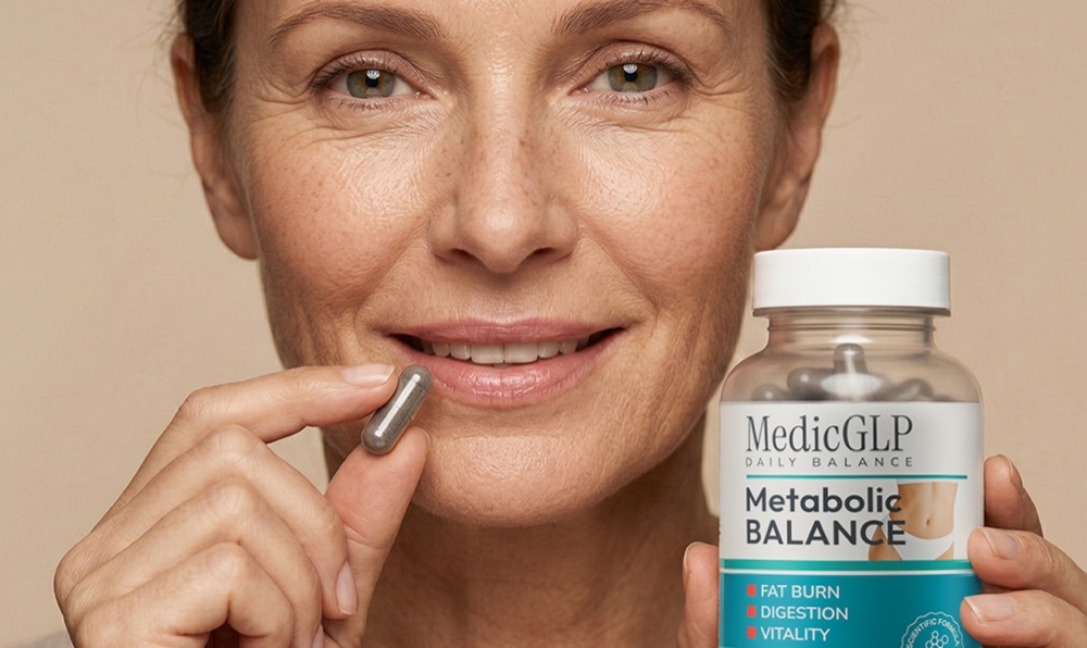 Photo du vendeur : une femme tient une gélule grise d’une main et le flacon MedicGLP de l’autre