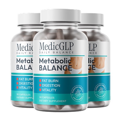 Photo produit MedicGLP : trois flacons blancs et turquoise étiquetés MedicGLP Daily Balance, Metabolic Balance, 30 capsules