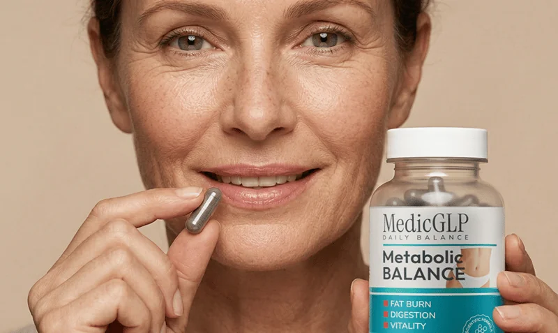 Frau nimmt eine MedicGLP-Kapsel ein, daneben die Produktflasche, aus den Kampagnenbildern des Anbieters