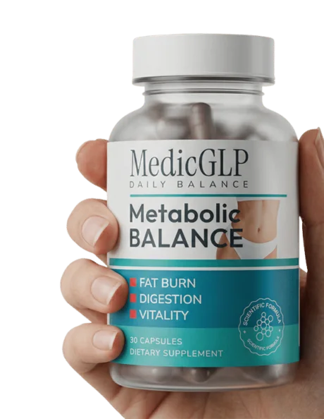 Die MedicGLP-Flasche, wie der Anbieter sie fotografiert: Daily Balance, Metabolic Balance, 30 Kapseln, in einer Hand gehalten