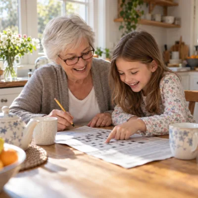 A woman in her late sixties and her nine-year-old granddaughter laughing over a crossword at a sunny kitchen table