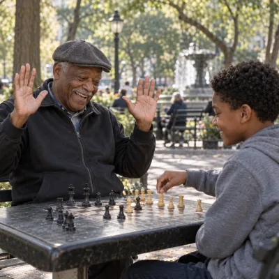 A man in his early seventies laughing with his hands up as his twelve-year-old grandson moves a chess piece at a park table
