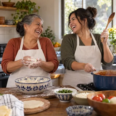A woman in her early sixties and her adult daughter laughing while they cook together, flour on their hands, in a warm home kitchen