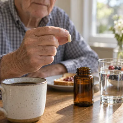 A man's hand holding a single capsule beside a cup of coffee and a glass of water at a breakfast table, a plain unlabeled amber bottle next to it