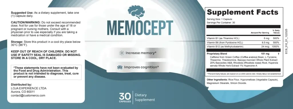 Memocept's own Supplement Facts panel, showing three itemised B vitamins and a 151mg Proprietary Blend line, from the seller's own product materials