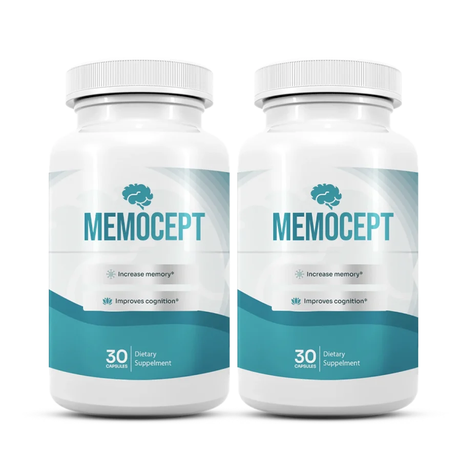 Memocept as the manufacturer photographs it, two white bottles, the label reading Memocept, 30 capsules, dietary supplement