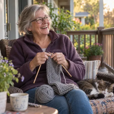 A woman in her early sixties laughing as she knits a wool scarf in a porch chair, a cat asleep beside her