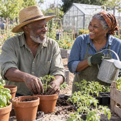 A man in his early sixties laughing as he pots tomato seedlings with his bare hands at a garden bench, a neighbour with a watering can beside him