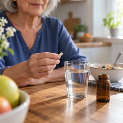 A woman's hand holding a single capsule beside a glass of water on a kitchen table, a plain unlabeled amber bottle next to it