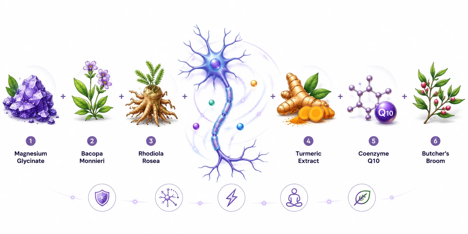 NervoLyn's own ingredient chart, numbering six ingredients: Magnesium Glycinate, Bacopa Monnieri, Rhodiola Rosea, Turmeric, Coenzyme Q10 and Butcher's Broom, from the seller's own materials