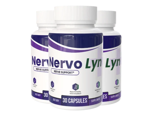 Three NervoLyn bottles, the manufacturer's own photo of the 3-bottle package: white bottles with a purple band, the label reading NervoLyn, NERVE SUPPORT, 30 CAPSULES, DIETARY SUPPLEMENT