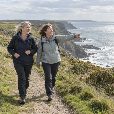 Two women in their late fifties laughing on a brisk walk along an English clifftop path by the sea