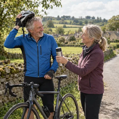 A man in his early sixties taking off his cycling helmet as his wife hands him a flask of tea on a Cotswolds lane