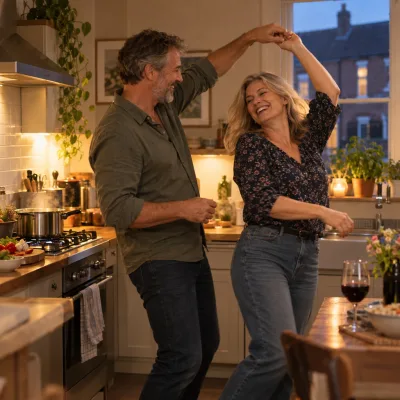 A couple in their mid fifties dancing and laughing in a warm British kitchen in the evening