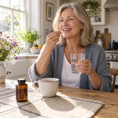 A woman in her early sixties smiling as she takes a single capsule with water, a cup of tea and a plain amber bottle beside her