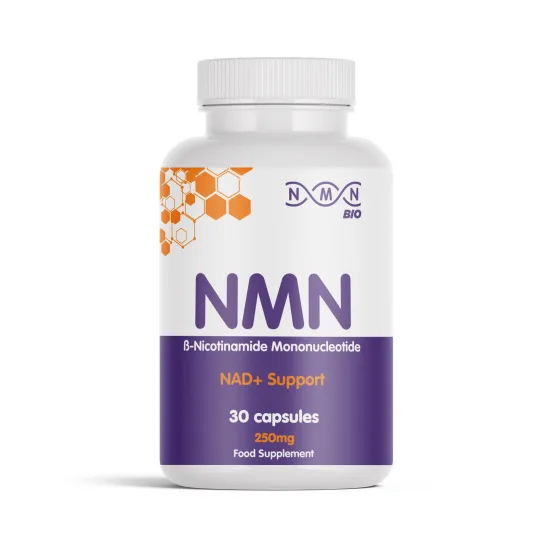 NMN Bio NMN 250mg, 30 capsules, purple and orange bottle, manufacturer's product photo