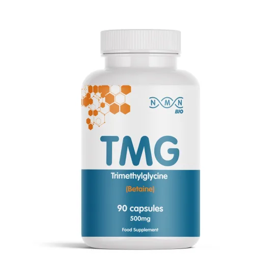 NMN Bio TMG, Trimethylglycine 500mg, 90 capsules, teal bottle, manufacturer's product photo
