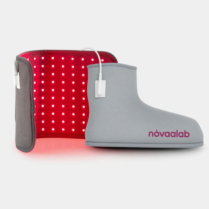 The lit Light Pad photographed beside the unlit grey Novaa Light Boot carrying the novaalab logo, on a plain background