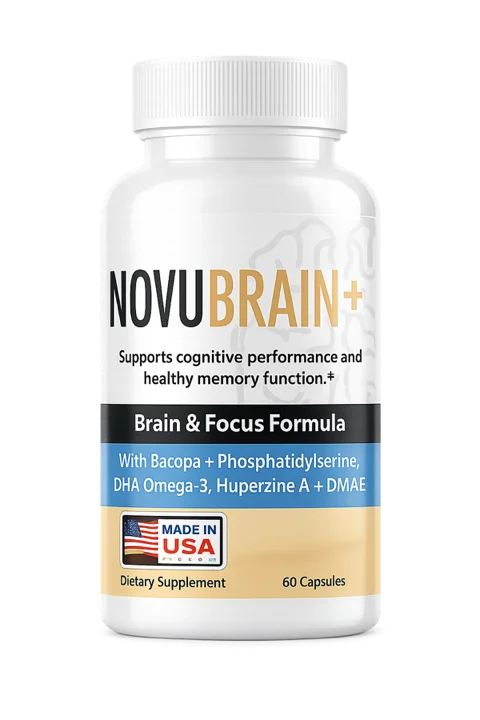NovuBrain+ bottle, Brain and Focus Formula with bacopa, phosphatidylserine, DHA, huperzine A and DMAE, 60 capsules, from the seller's materials