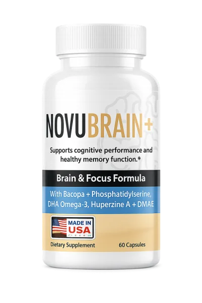 The NovuBrain+ bottle as the seller photographs it: white bottle, Brain and Focus Formula, bacopa, phosphatidylserine, DHA Omega-3, huperzine A and DMAE named, 60 capsules
