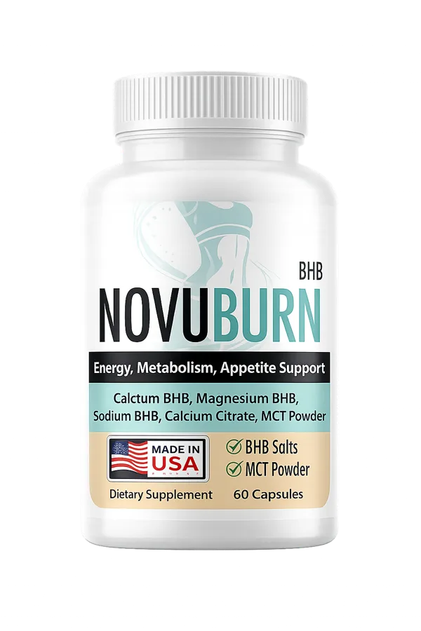 The NovuBurn bottle as the seller photographs it: the front label reads NOVUBURN BHB, Energy, Metabolism, Appetite Support, BHB Salts, MCT Powder, Dietary Supplement, 60 Capsules