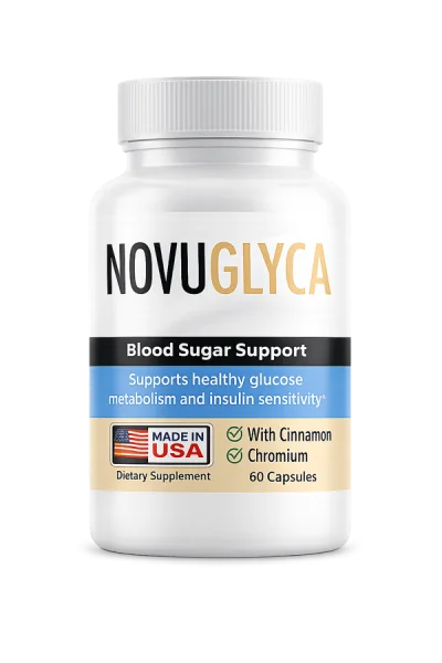 The NovuGlyca bottle as the seller photographs it: white bottle, Blood Sugar Support label, cinnamon and chromium named, 60 capsules