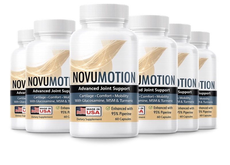 NovuMotion product photo: six identical bottles arranged together, the seller's 180-day package