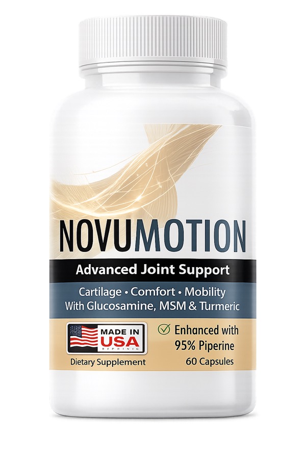 NovuMotion product photo: a white bottle labelled Advanced Joint Support, Cartilage, Comfort, Mobility, With Glucosamine, MSM and Turmeric, Enhanced with 95 percent Piperine, 60 Capsules
