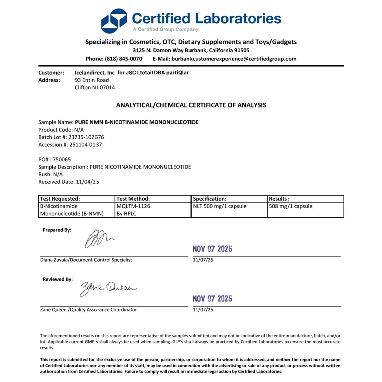 Certified Laboratories certificate of analysis for Pure NMN showing 508 mg per capsule measured by HPLC