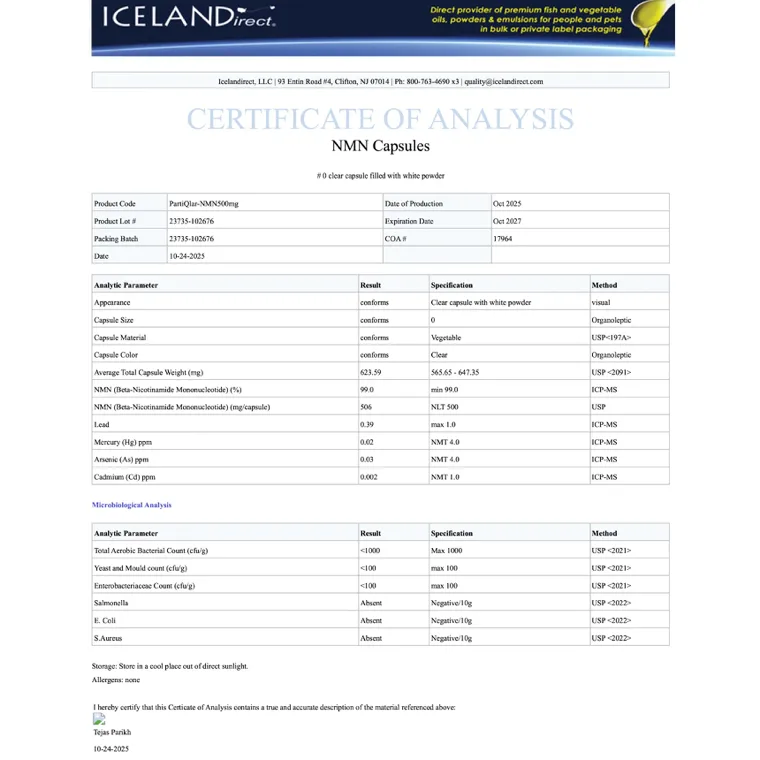 Icelandirect certificate of analysis for NMN capsules showing 99.0 percent purity and passing heavy metal and microbiology results