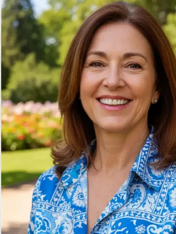 Smiling woman outdoors in a blue shirt, from partiQlar's marketing creatives