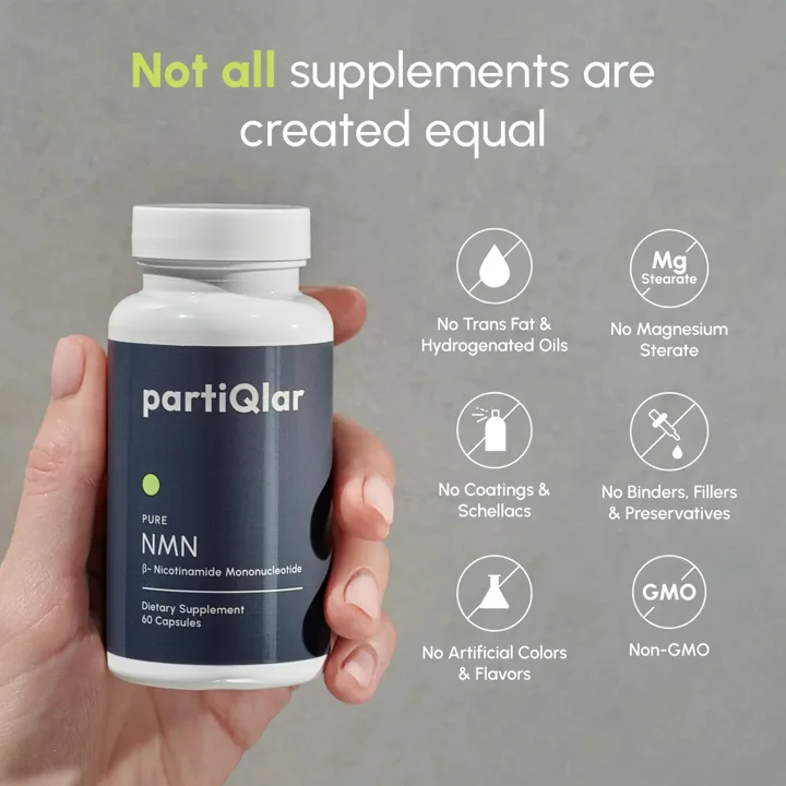 Hand holding the PartiQlar Pure NMN bottle next to icons listing no trans fat, no magnesium stearate, no coatings, no binders or fillers, no artificial colors, non-GMO